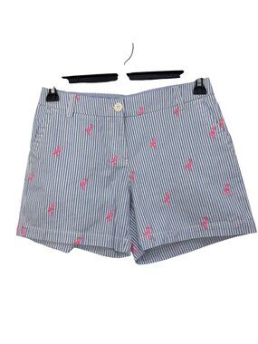 Crown & Ivy Womens Short Size 2 Blue & White Striped Pink Flamingo Embroidered